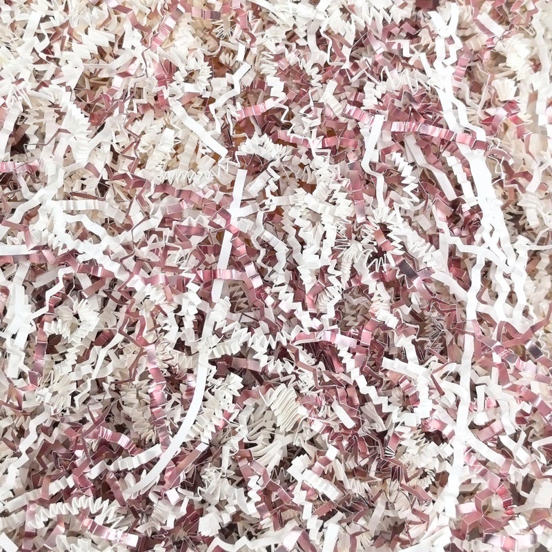 Amsthow Metallic Pink and White Crinkle Paper Filler Gift Wrap Box Filler 1/2 LB Basket Cut Shred Cut Raffia Grass Stuffing for Easter Birthday Decoration - Image 1